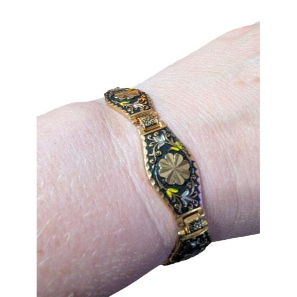 Damascene Bracelet Flowers Etched Oval Gold Tone 6 Hinged Pieces w/ Safety Chain